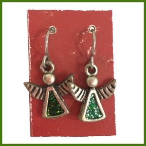 Angel Earrings: Green Glitter, Silver, Drop Dangle, Small, Dainty, Unique